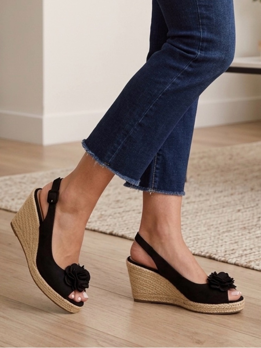 Chelsea Girl Black Wedge Sandals with Floral Detail